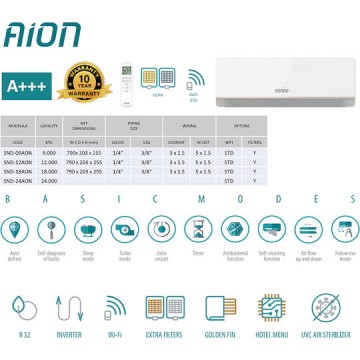 Sendo SND-12 AON Aion Κλιματιστικό Inverter 12000 BTU A+++/A++ με WiFi και Λειτουργία Αυτοκαθαρισμού